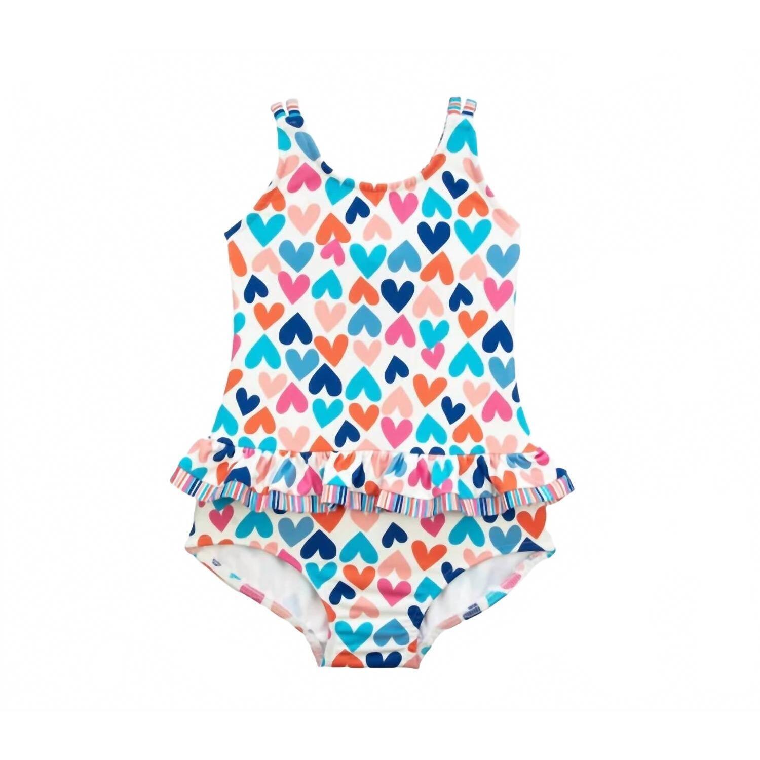 New Florence Eiseman Kid's Heart Print Skirted Swimsuit In White Multi
